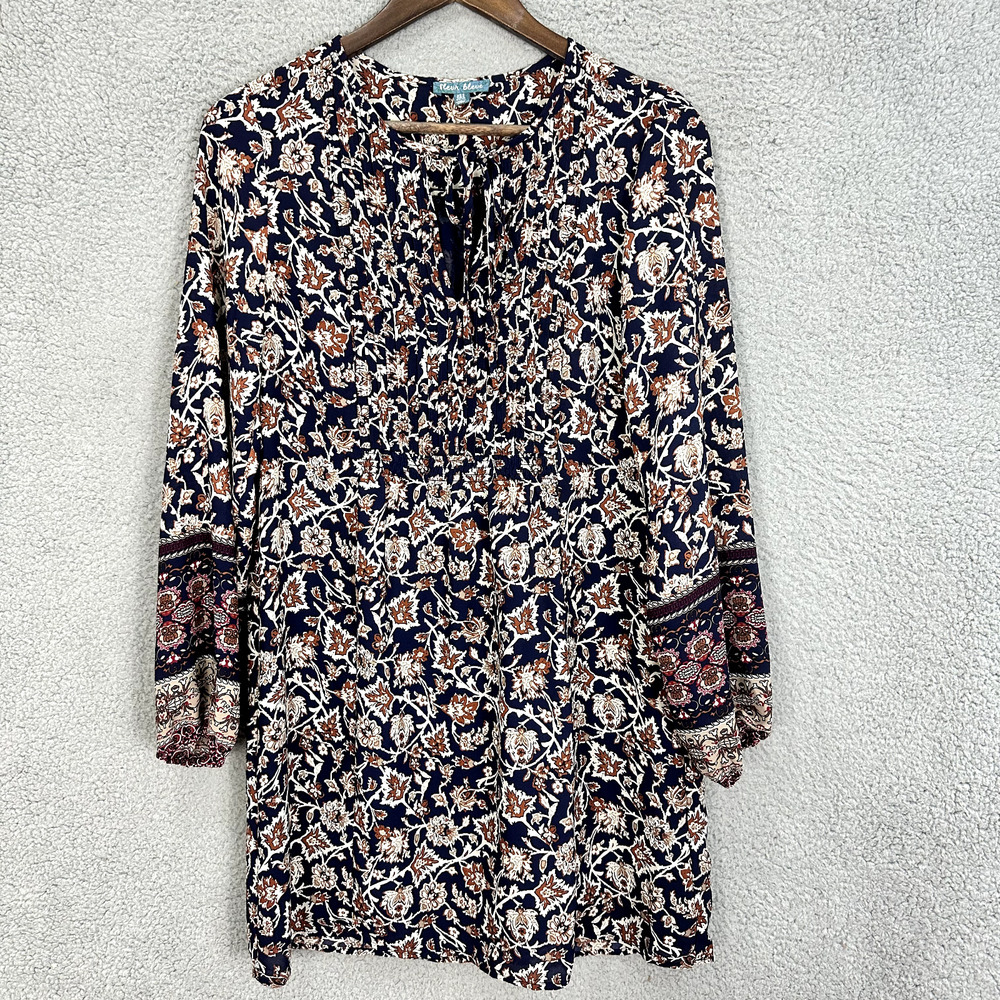 Fleur Bleue Floral Paisley Mini Dress Women 4 Navy Blue Boho Pintuck Long Sleeve